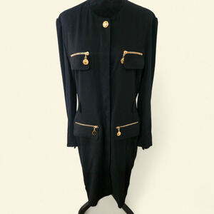 Escada Margaretha Ley Black Wool Dress Gold Zip Pockets Heart Button Size 42